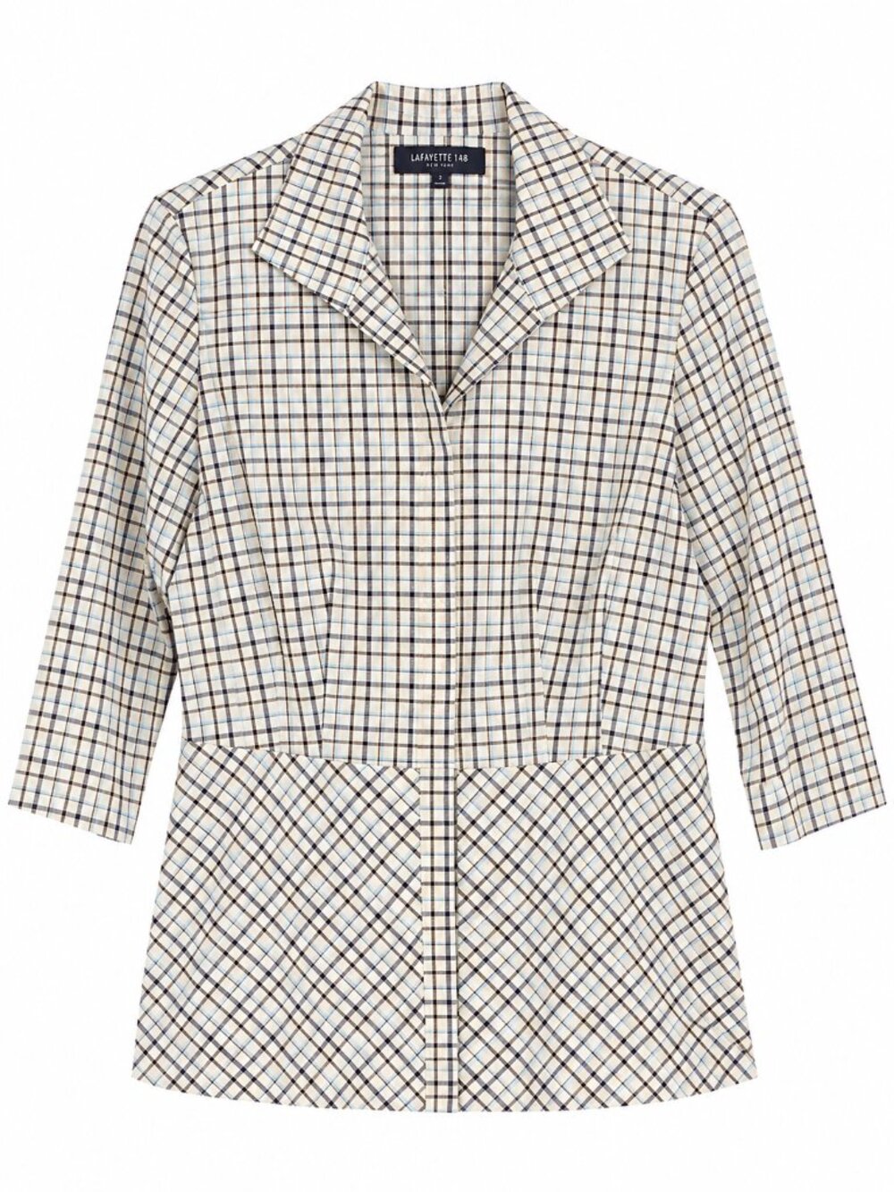 LAFAYETTE 148 Preppy Quiet Luxury Checkered Plaid Peplum Blouse Size 8